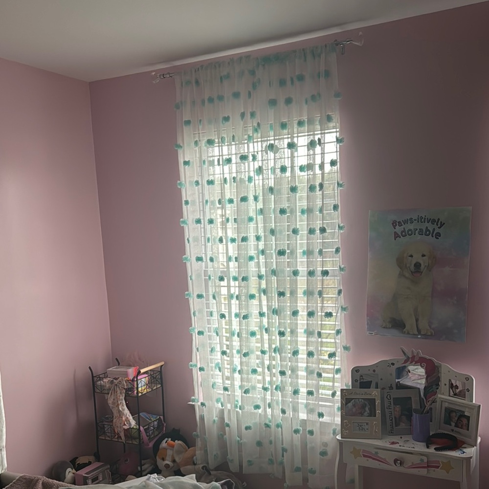 Sheer White and Blue Pom-Pom Curtain